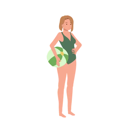 Beach Activity Concept Woman With Beachball On The Beach Illustration