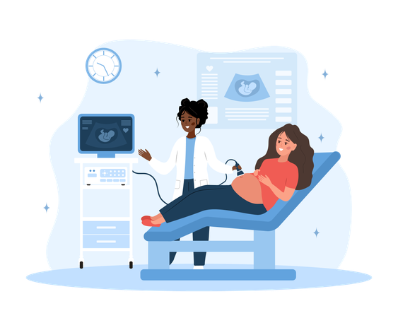 Girl with belly looking in monitor  Illustration