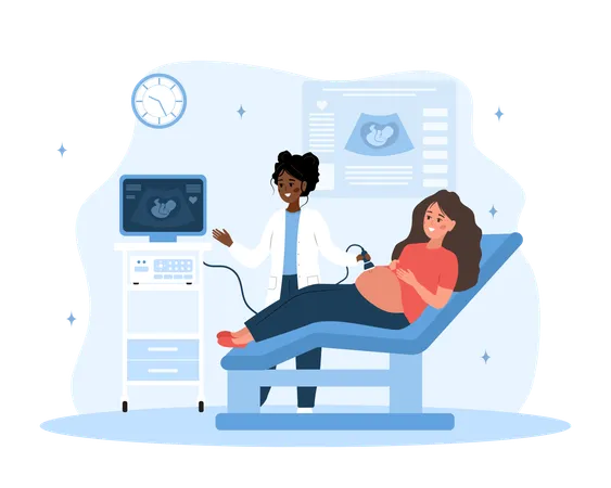 Girl with belly looking in monitor  Illustration