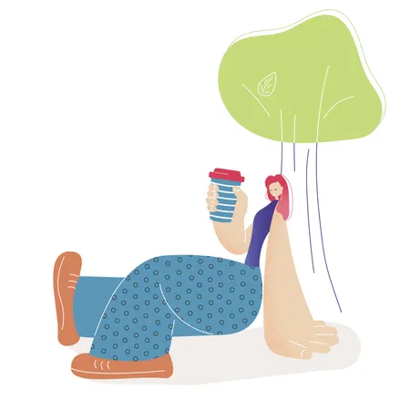 大きな手と足を持つ女の子が木の下に座ってコーヒーを飲んでいる  イラスト