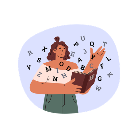 Girl with book and scattered letters around  Illustration