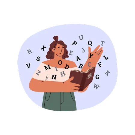 Girl with book and scattered letters around  Illustration