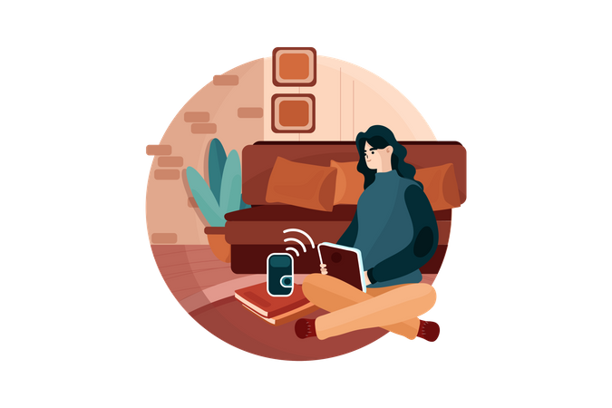 Girl with book siting near smart speaker  Illustration