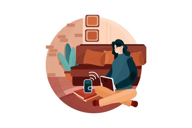 Girl with book siting near smart speaker  Illustration