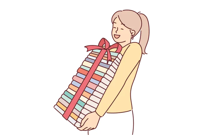 Girl With Books With Gift Bow Rejoices At Opportunity To Gain Knowledge And Read New Literature Happy Schoolgirl With Gift Books To Prepare For Admission To City College Or University Illustration