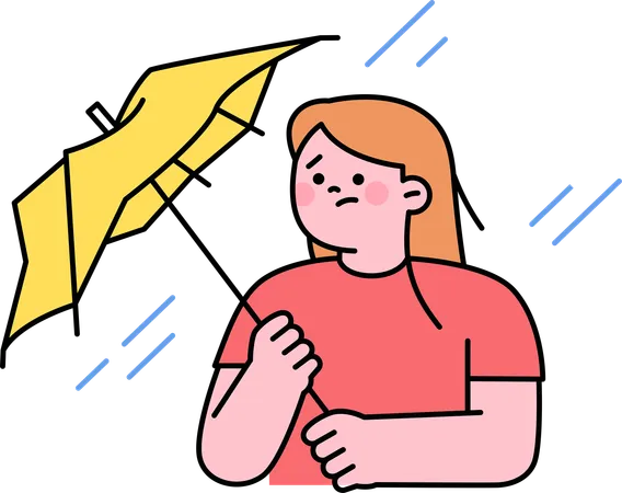 Girl with broken umbrella during rainy season  Illustration