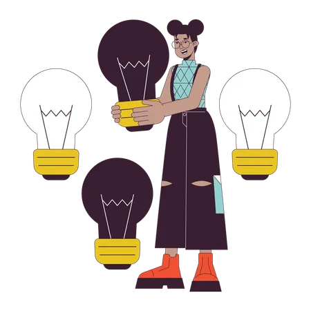 Business Idea Lightbulb Flat Line Concept Vector Spot Illustration Eyeglasses Woman Holding Lightbulb 2 D Cartoon Outline Character On White For Web UI Design Editable Isolated Color Hero Image Illustration
