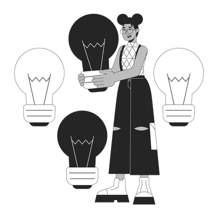 Business Idea Lightbulb Bw Concept Vector Spot Illustration Eyeglasses Woman Holding Lightbulb 2 D Cartoon Flat Line Monochromatic Character For Web UI Design Editable Isolated Outline Hero Image Illustration
