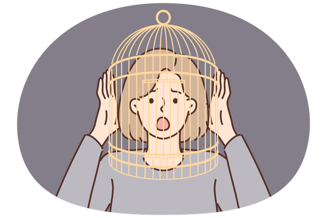 Girl with cage on head screams having fallen into mental trap negatively affects psychological state  Illustration