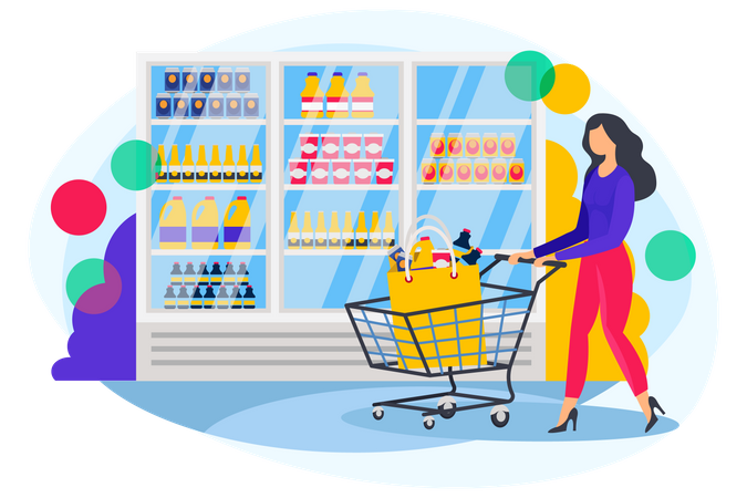 Girl with cart doing grocery shopping  Illustration