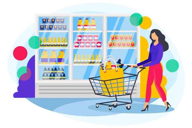 Girl with cart doing grocery shopping Illustration
