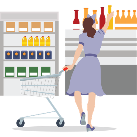 Girl with cart doing grocery shopping  Illustration