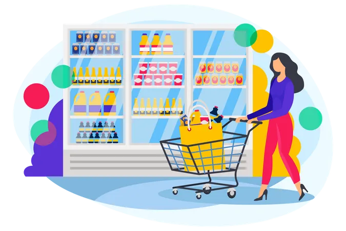 Girl with cart doing grocery shopping  Illustration