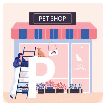 Girl with cat at pet shop Illustration