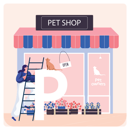 Girl with cat at pet shop  Illustration