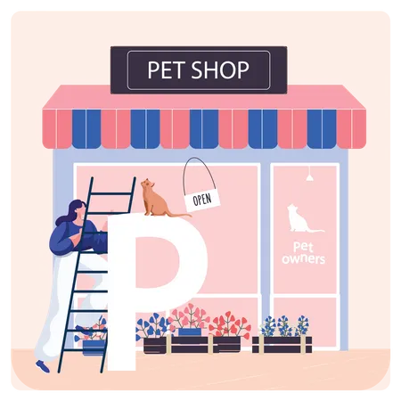 Girl with cat at pet shop  Illustration