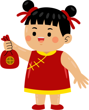 Girl with chinese coin bag  Illustration