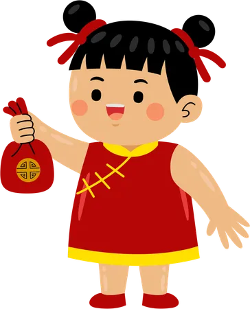 Girl with chinese coin bag  Illustration