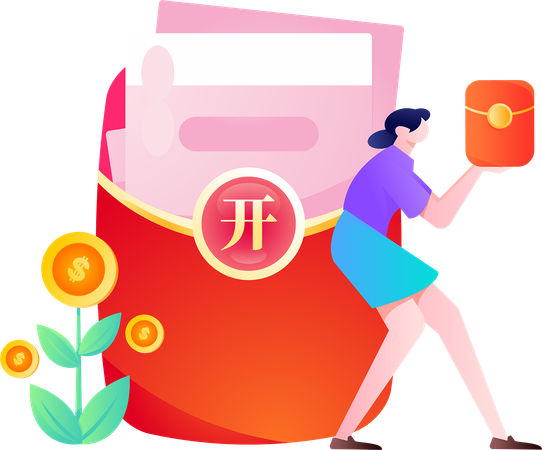 Girl with chinese gift envelope  Illustration