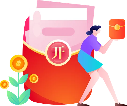 Girl with chinese gift envelope  Illustration