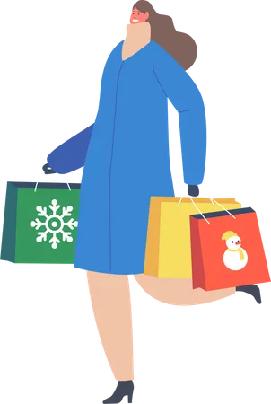 Girl with Christmas Gifts in Paper Bags Illustration
