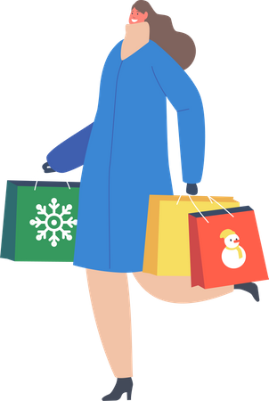 Girl with Christmas Gifts in Paper Bags  Illustration