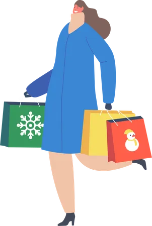 Girl with Christmas Gifts in Paper Bags  Illustration