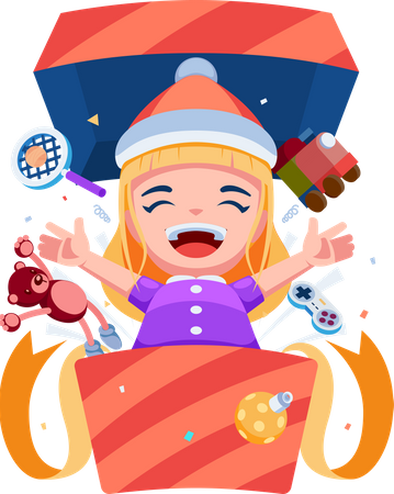 Girl with Christmas Santa Claus Hat out from Gift Box. Merry Christmas and Happy New Year Celebration Concept.  Illustration