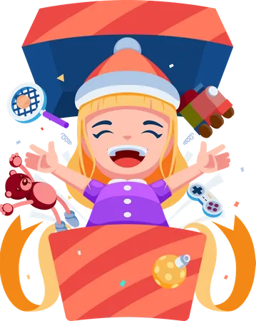Girl with Christmas Santa Claus Hat out from Gift Box. Merry Christmas and Happy New Year Celebration Concept.  Illustration