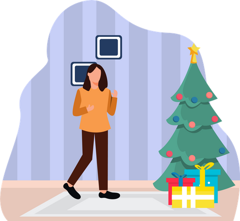 Girl with Christmas tree  Illustration