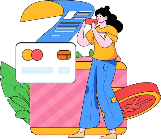 Girl with credit card bill  Illustration