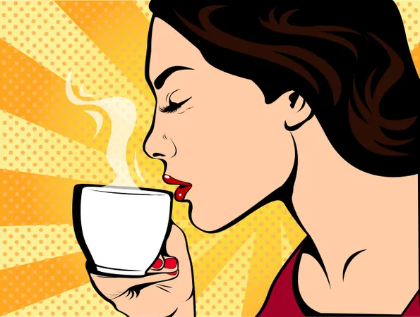 コーヒーカップを持つ女の子、ポップアート レトロ スタイル。レストランとコーヒー ショップ。温かい飲み物。勇気、愛、思いやり。  イラスト