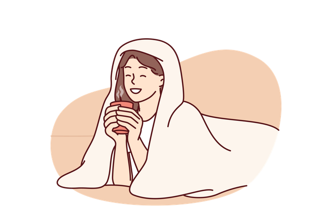 Girl with cup of hot coffee lies wrapped in blanket  Illustration