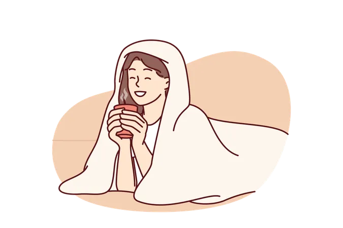 Girl with cup of hot coffee lies wrapped in blanket and smiles enjoying winter morning  イラスト