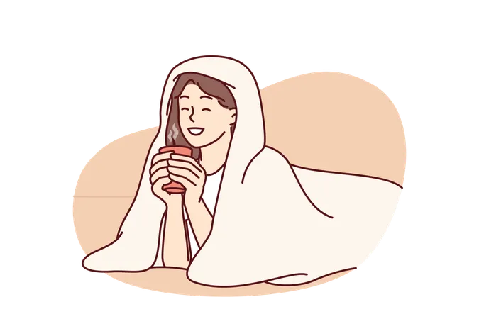 Girl with cup of hot coffee lies wrapped in blanket and smiles enjoying winter morning  Illustration