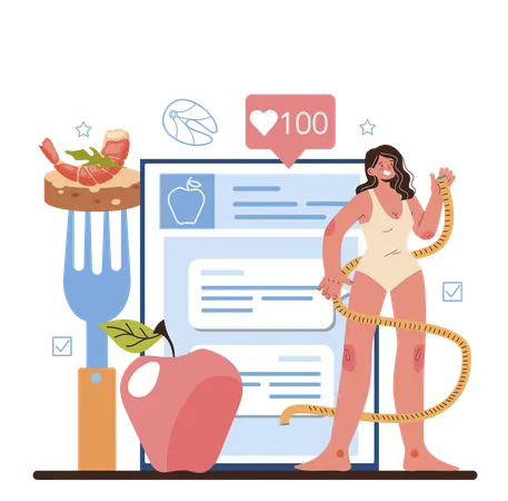 Nutritionist Online Service Or Platform Diet Therapy With Healthy Food And Physical Activity Weight Control Program Online Forum Flat Vector Illustration イラスト
