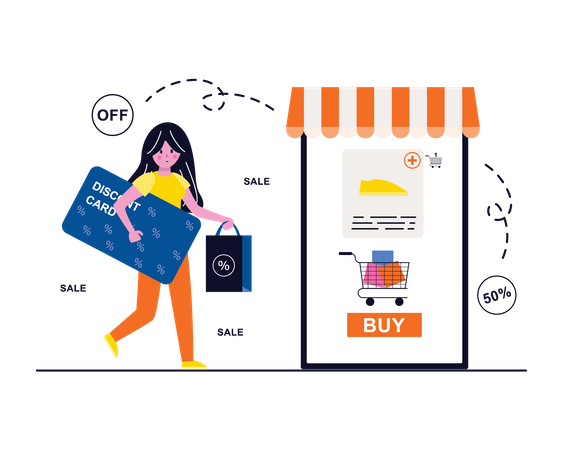 Girl with discount card doing online shopping  Illustration