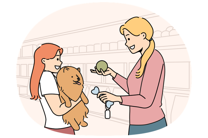 Girl with dog stands in ZOO shop near woman seller offering to buy toy bone for pet  Illustration
