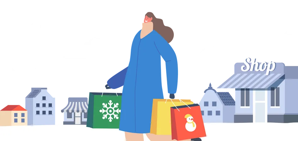 Girl with Festive Gifts in Paper Bags Illustration