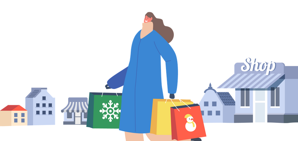 Girl with Festive Gifts in Paper Bags  Illustration