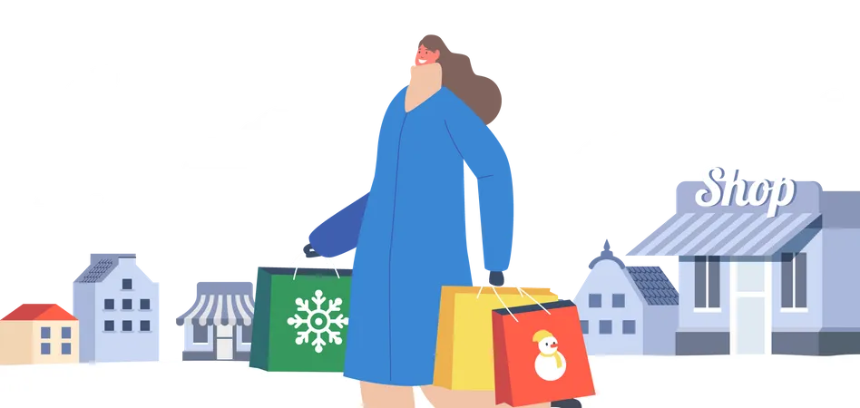 Girl with Festive Gifts in Paper Bags  Illustration