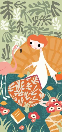 Girl with flamingo and Henri Matisse inspired decoration Illustration