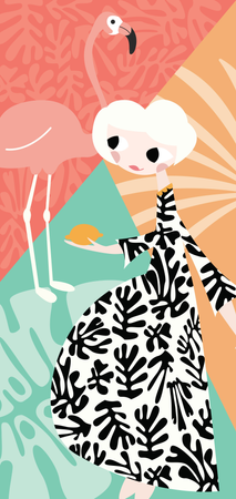 Girl with flamingo and Henri Matisse inspired decoration  Illustration