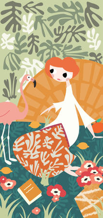 Girl with flamingo and Henri Matisse inspired decoration  Illustration