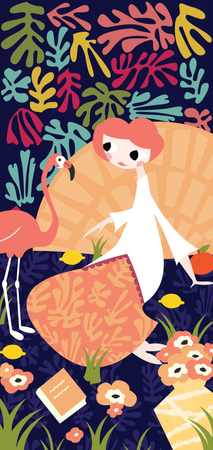 Girl with flamingo and Henri Matisse inspired decoration  Illustration