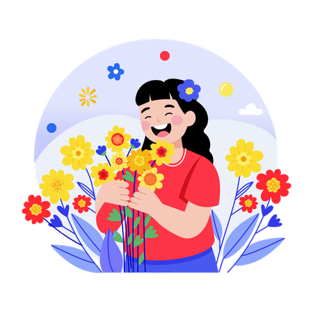 Girl with flower in garden  Illustration