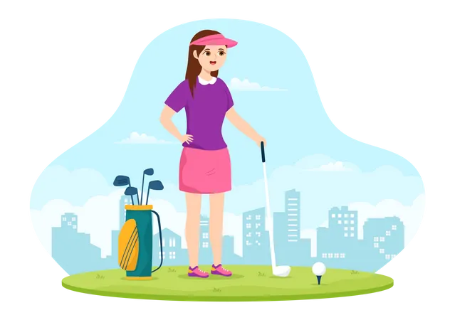 Golf Sport Illustration With Flags Cart Sticks Green Field And Sand Bunker For Outdoors Fun Or Lifestyle In Flat Cartoon Hand Drawn Templates Illustration