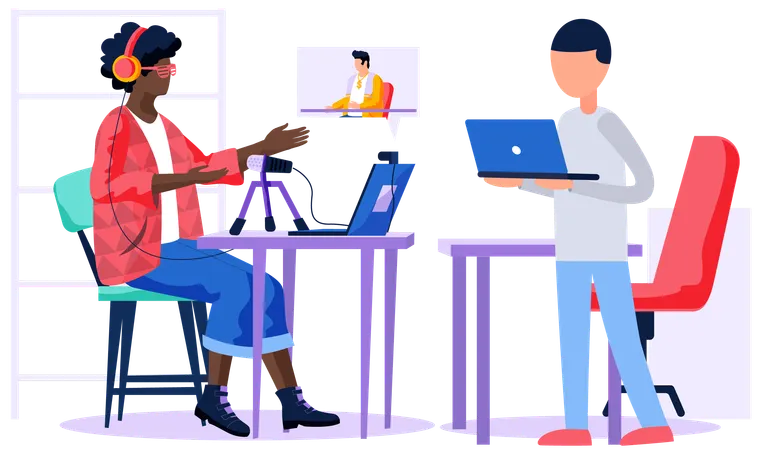 Girl with headphones recording track in the studio  Illustration