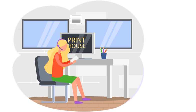 Girl with headphones works in office of print house  Illustration