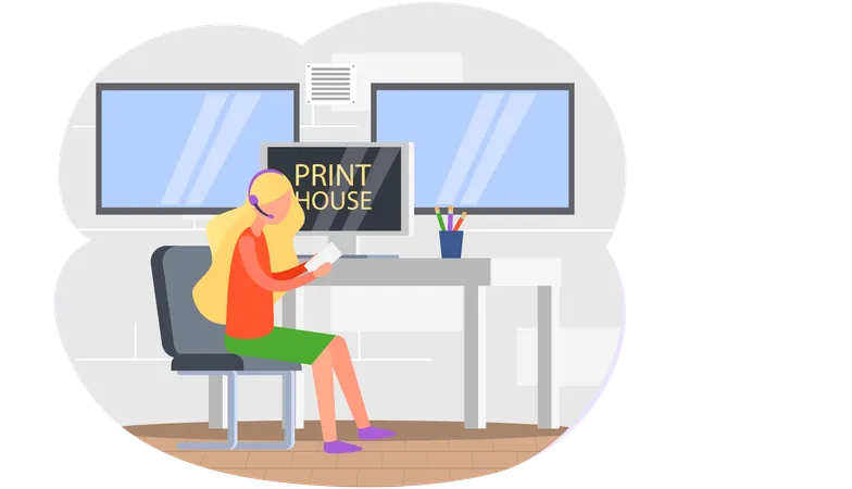 Girl with headphones works in office of print house  Illustration